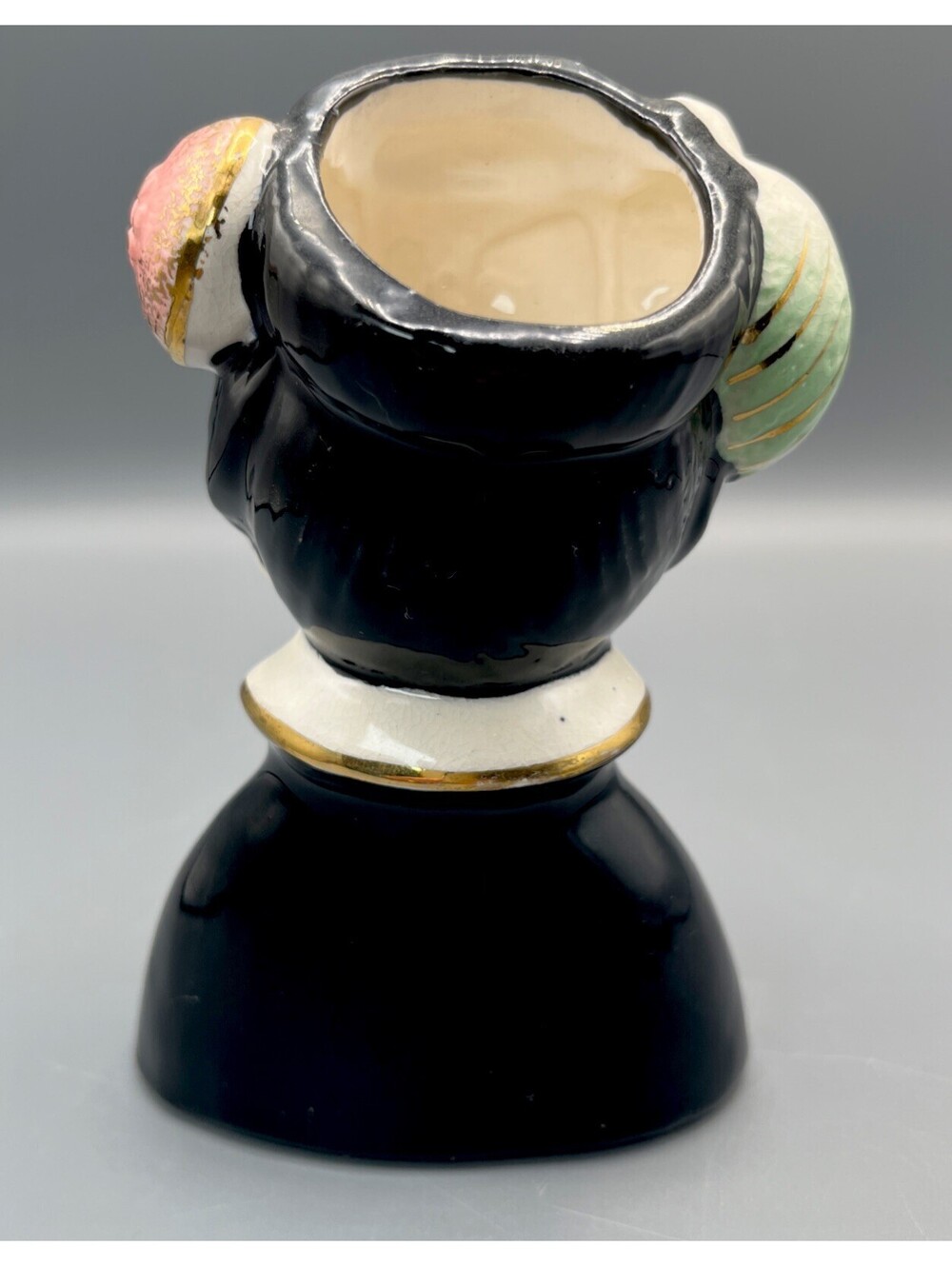Rare Vintage Japan Geisha Lady Head Vase Black Robe Gold Madame Butterfly MCM - Picture 4 of 11